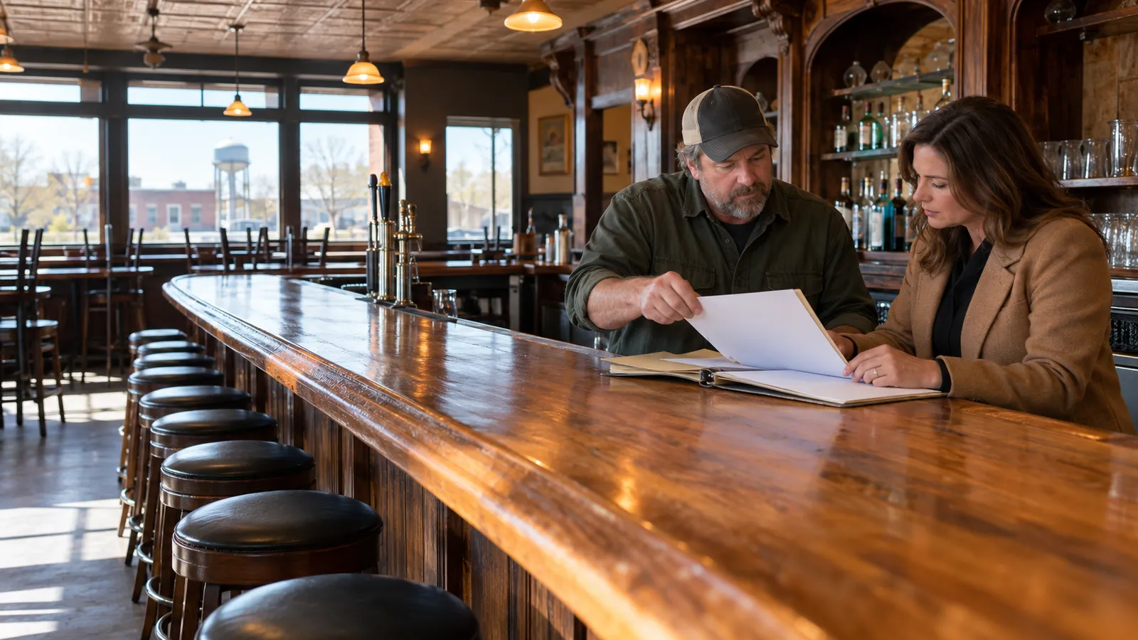 A bar owner and a buyer go over a folder of permits at the end of a long bar in an empty tavern before opening