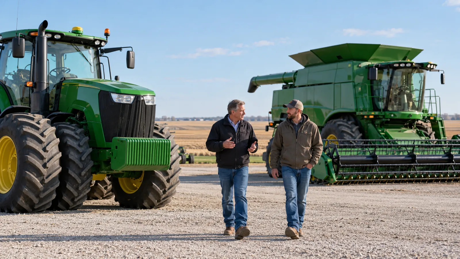 A farm equipment dealer owner and a customer walk past a green tractor and a combine on a sales lot with flat cropland behind