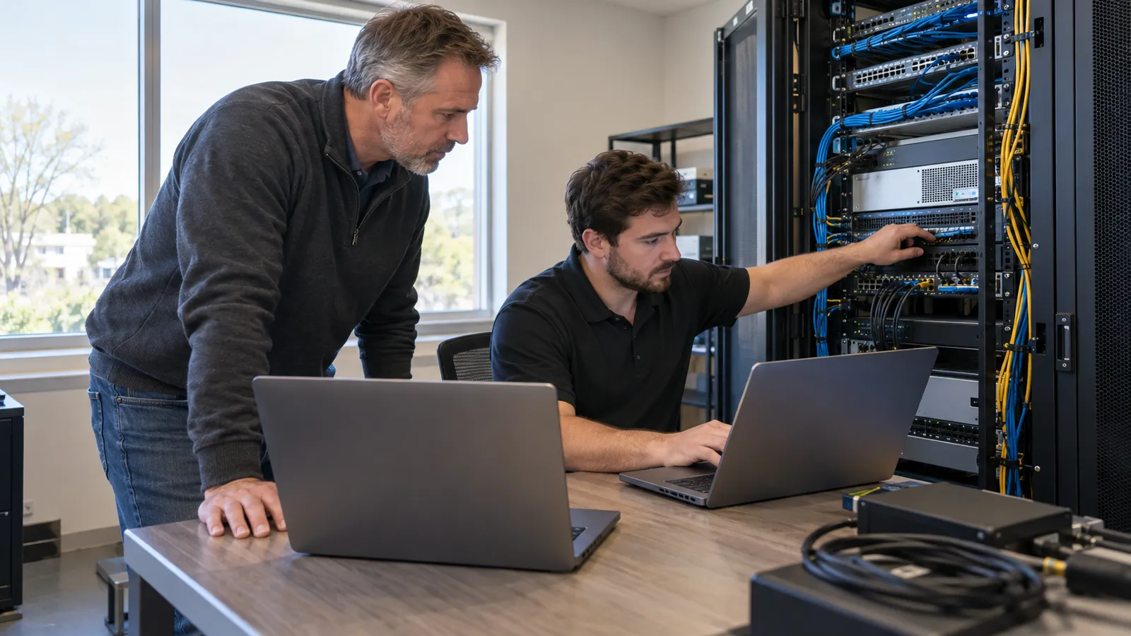 An IT services owner and a technician work over a server rack and laptops in a small network operations room