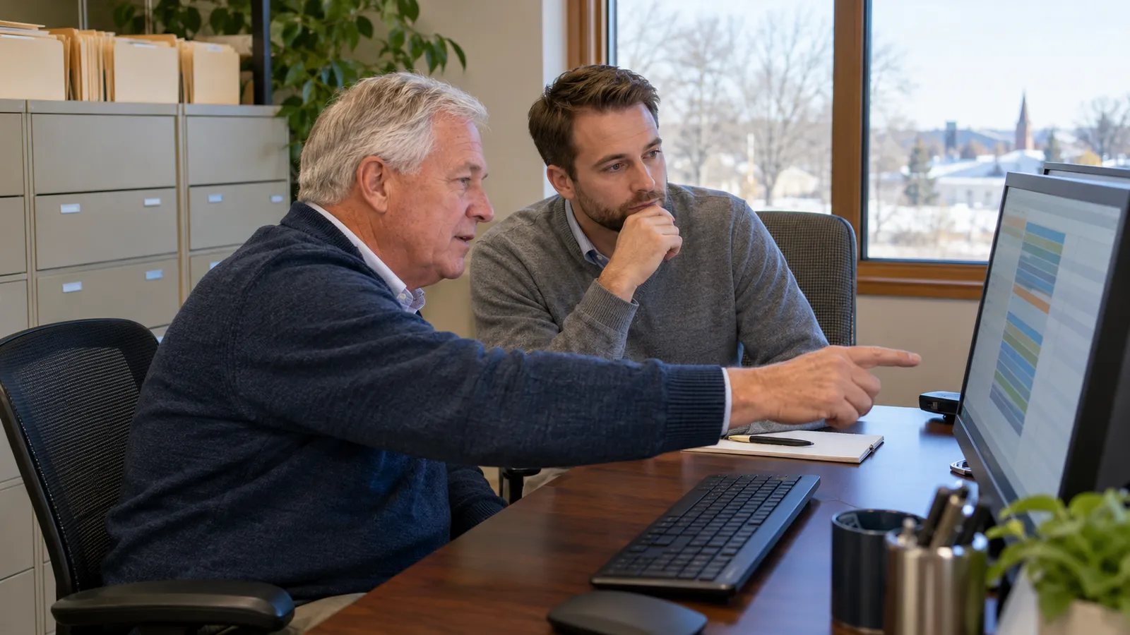An insurance agency owner and a younger buyer review a client policy list on a monitor in a small office with a filing wall and a plant